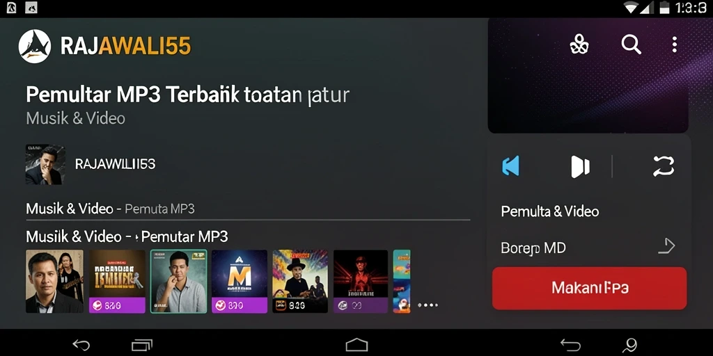 Tampilan antarmuka RAJAWALI55 yang menarik dan fungsional sebagai Pemutar MP3.